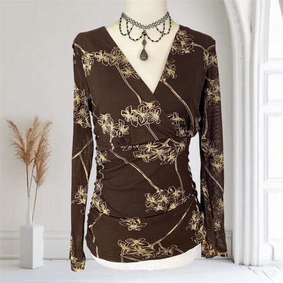 Suzie In The City Tops - Vintage Brown Tan Micro Mesh Floral Fairy Grunge Flower Blouse Made in USA M